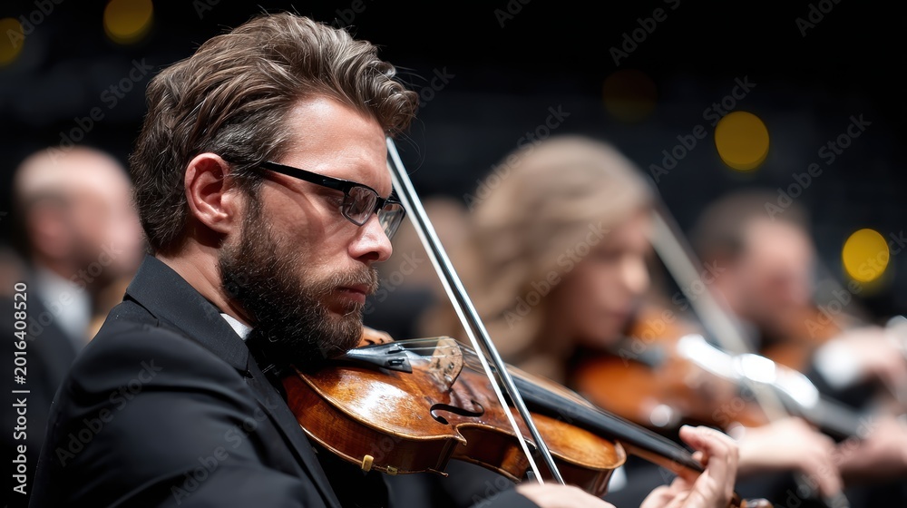 Fototapeta premium A focused musician plays the violin with great passion during an orchestra performance, highlighting the dedication and artistry involved in creating beautiful music.