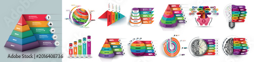 Mega set of 3d infographic elements data visualization vector design template. Can be used for steps, options, business process, workflow, diagram, flowchart, timeline, pyramid. Bundle info graphics.