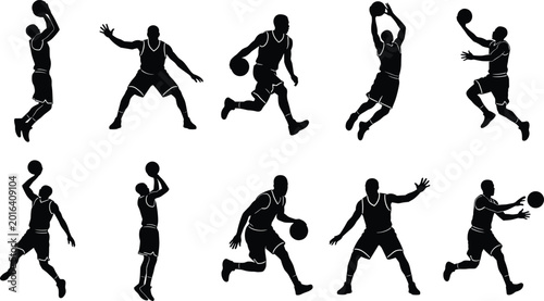 Black silhouette illustrations of basketball players in dynamic action poses, symbolizing dribbling, shooting, passing, dunking, and athletic sports concepts