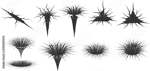Foto Set of black earthquake cracks and ground destruction holes vector illustration with damaged fissure silhouettes on white background