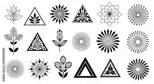 Collection of graphic design elements with floral and geometric patterns.