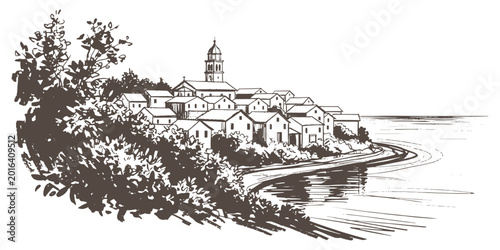 Canvastavla Picturesque mediterranean coastal town village sketch with old houses and sea view landscape vector illustration