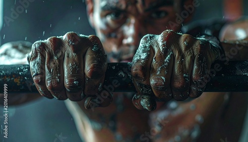 Close up of worn athletic gloves gripping steel pull up bar, chalk residue detail, blurred gym background, sharp texture focus, cool dramatic lighting