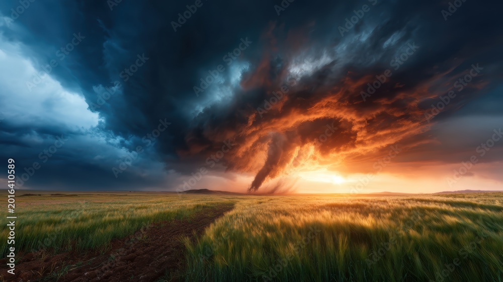 Obraz premium An intense storm brews above a vast open field, with dark ominous clouds swirling dramatically against a backdrop of fiery sunset colors, capturing nature’s fierce beauty.