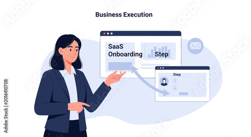 SaaS Onboarding Process Flow Chart with Business Woman Illustration