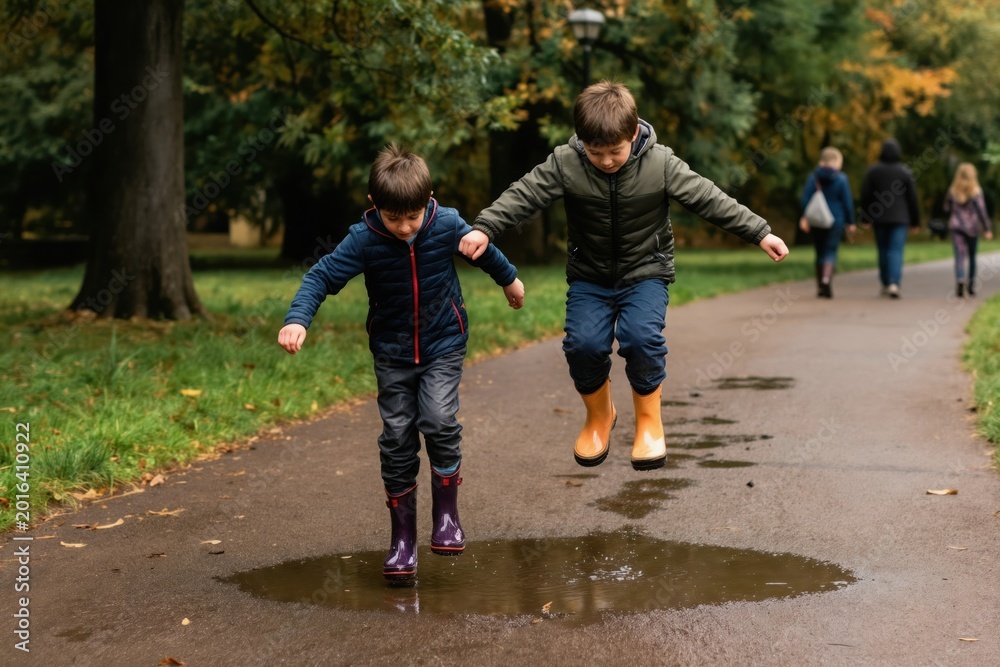 Obraz premium Two brothers jump in park puddles with glee wearing rain boots. Siblings play outdoors on cloudy day, splashing water. Childhood fun with friends and family.