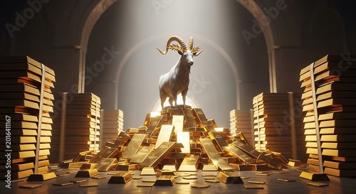 Golden goat statue on gold bars.