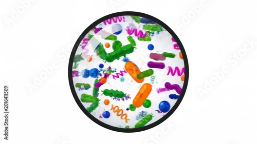 Colorful bacteria and microorganisms moving under a microscope lens