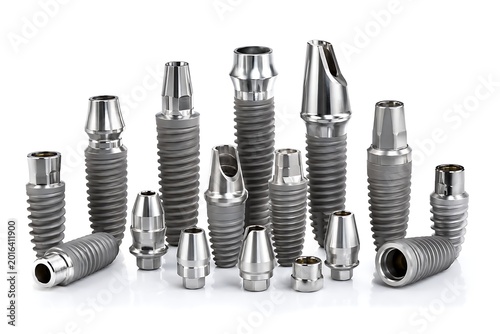 Set of dental implants and abutments for permanent tooth replacement, 3D dental prosthetic elements isolated on white background