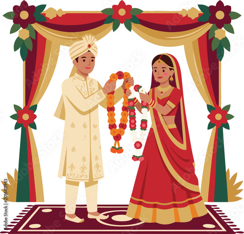 Traditional Indian Wedding Ceremony Illustration | Bride and Groom Garland Exchange Vector Art