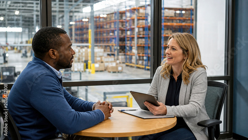Professional woman with tablet interviewing black male job candidate or partner in an office overlooking a large industrial warehouse distribution center