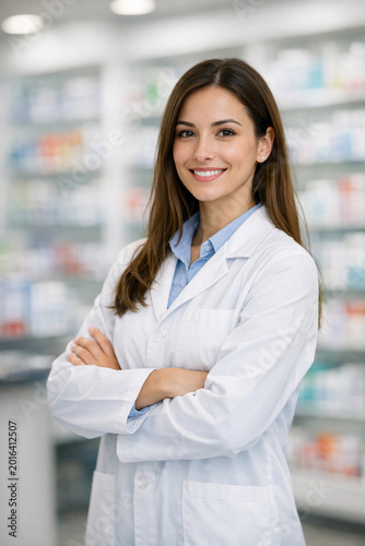 Smiling woman with dark hair wearing white lab coat and blue shirt behind counter of pharmacy store