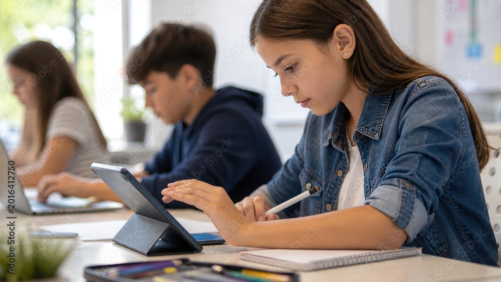 Fototapeta premium Focused teenage girl using a digital tablet and taking notes with a pen while studying in a modern classroom with fellow students in the background, education and technology.
