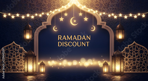 Ramadan discount illuminated archway with crescent moons and lanterns