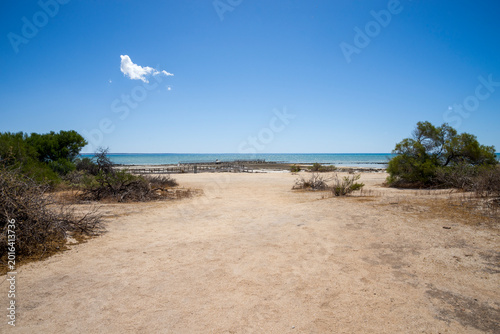 Tableau sur toile Wooden Boardwalk Leading Across Sandy Beach to Turquoise Indian Ocean in Hamelin