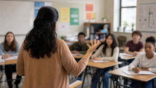 Rear view of an engaging female teacher gesturing while lecturing a diverse group of multiethnic high school students sitting at desks and taking notes in a bright classroom.