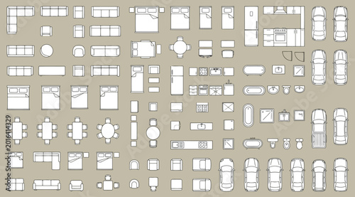 Set of furniture icons for floor plan, top view, vector illustration of interior design elements for architecture and construction