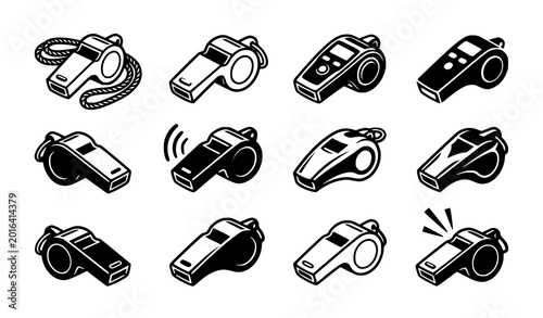 Schilderij op canvas Black whistle icon set with sound wave symbols and referee whistle silhouettes v