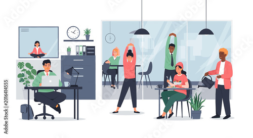 People working, stretching, meditating, and caring for plants in a modern office, promoting well-being and a healthy work environment.
