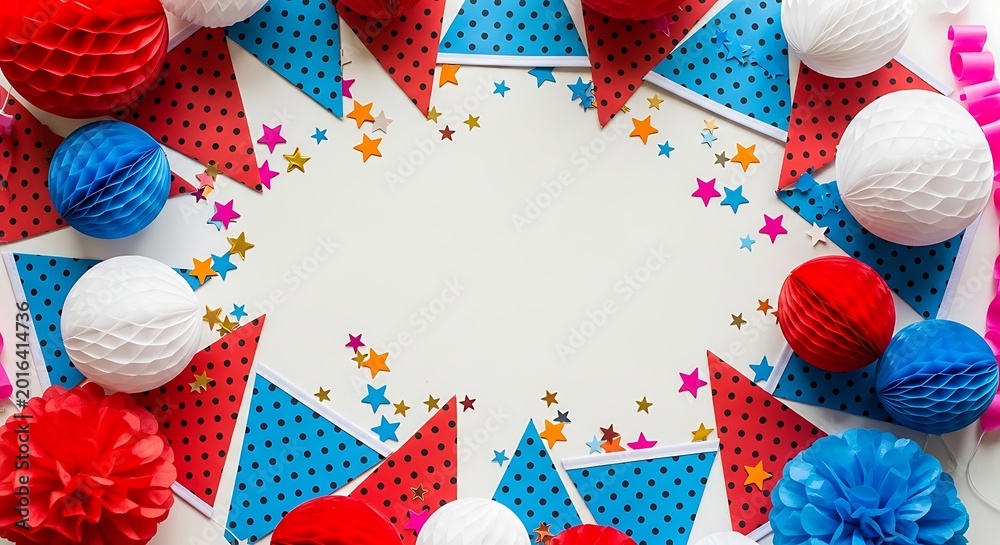 Obraz premium Vibrant party decorations on white background with red, blue, and white balloons