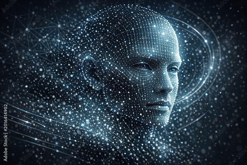 Obraz premium Futuristic human head composed of glowing blue dots. Digital particles form a thoughtful, serene expression. Neon lines and nodes surround the head, suggesting connectivity