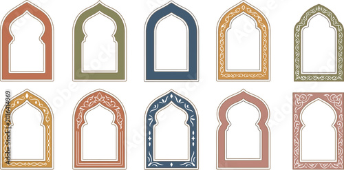 Colorful Islamic arch frame border set with Arabic pattern designs