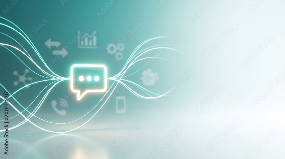 Fototapeta premium Glowing speech bubble icon centered in a digital network of flowing light lines on a teal background