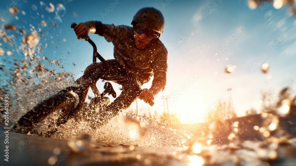 Obraz premium An exhilarating capture of a BMX rider flying through the air, splashing water all around, showcasing the thrill and adrenaline of extreme sports and youthful energy.