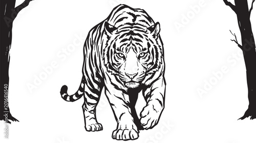 Fotografía Black and white tiger illustration, walking tiger vector, striped animal, forest