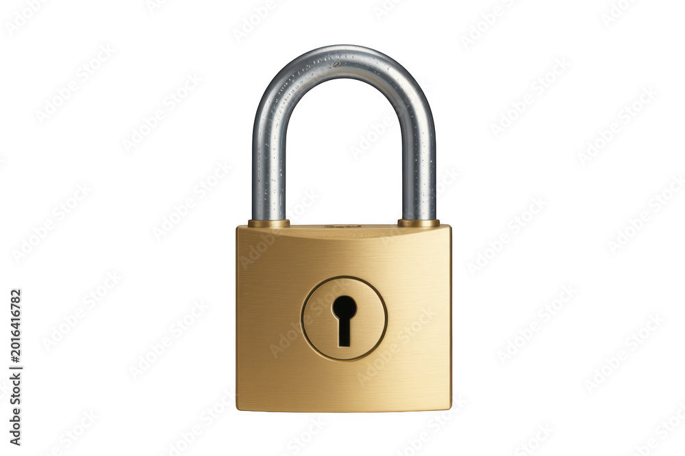 Naklejka premium Classic brass padlock with a visible keyhole for security and protection a isolated on a transparent background