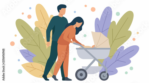 Bild auf Leinwand New parents walking with baby in stroller, family care and parenthood concept