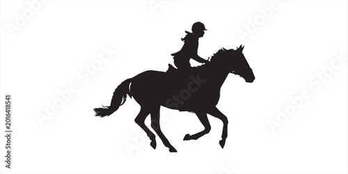 Bild auf Leinwand Silhouette of a woman wearing a cowboy hat riding a horse at a trot against a wh