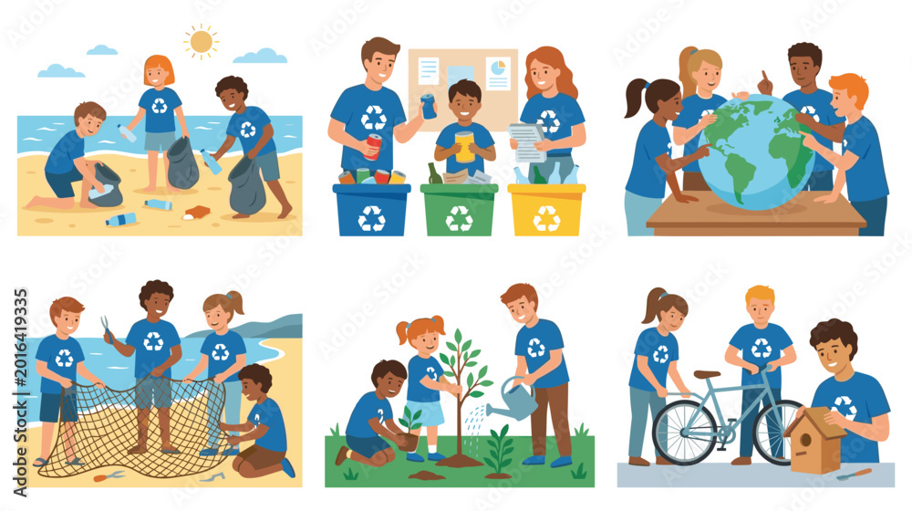 Fototapeta premium Eco friendly activities for people clean up beach recycle plant tree flat cartoon.