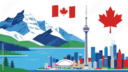 Cuadro en lienzo Stylized illustration of Canadian landscape and city, featuring majestic mountains, a serene lake, Toronto skyline with CN Tower, and national symbols