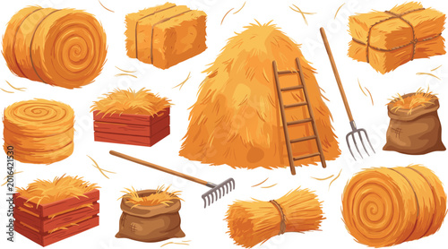 Cuadro en lienzo Hay Bale and Farm Harvest Illustration Set with Straw Stacks, Haystack, Rake, La
