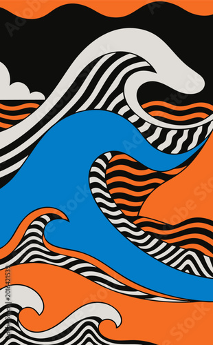Fotografija Abstract sea waves in vector, Fauvist appliqué, coastal aesthetic, flat style