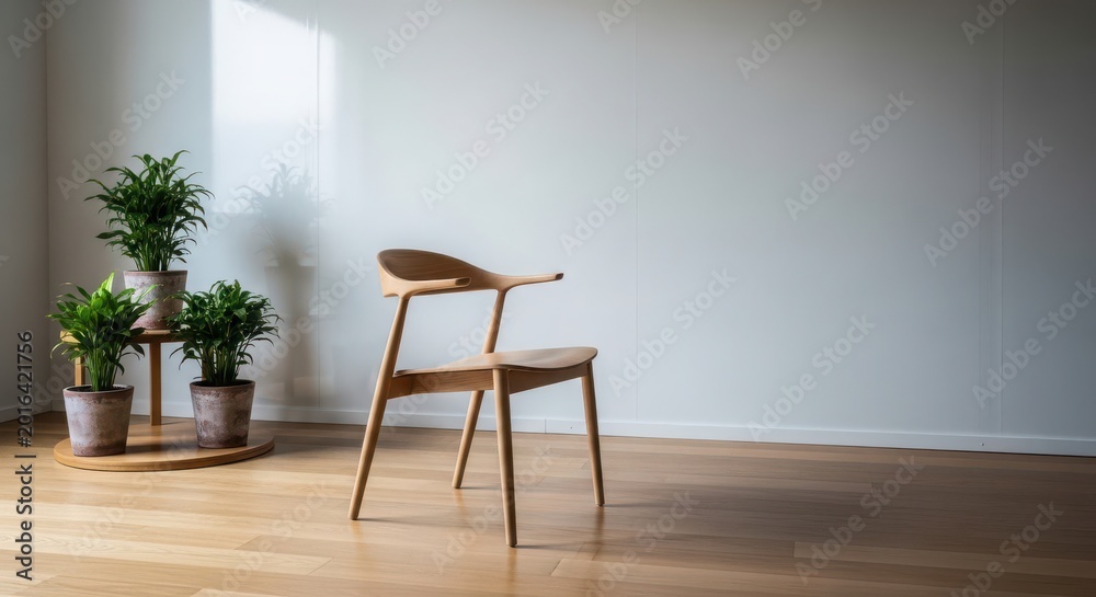 Fototapeta premium Modern wooden chair, minimalist interior, empty room, plants on wooden stand, home decor