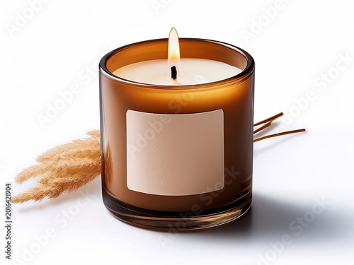 burning aromatic candle with blank paper label isolated on white background. mockup template