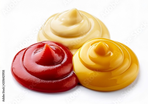 three piles of mustard mayo and ketchup dip separated and isolated on white background
