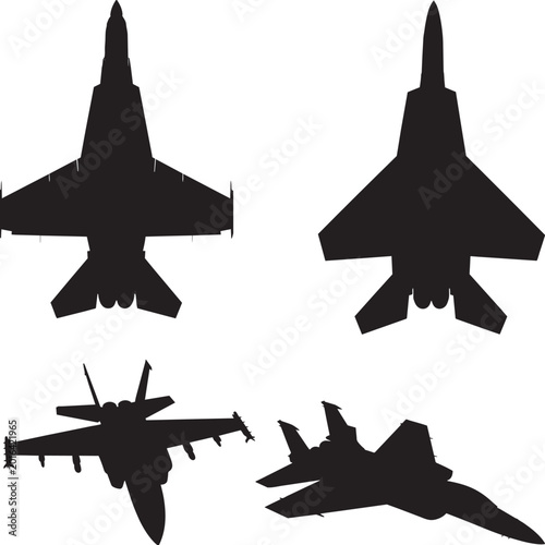 Fighter Jet Silhouette Set Vector, Modern Military Aircraft Warplane Collection, Combat Aviation Black Icons