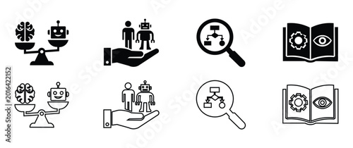 AI ethics and digital rights icon set with outline and solid vectors
