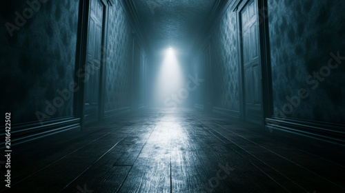 Dark eerie corridor with mysterious light at the end of a haunted hotel hallway for horror and cinematic suspense concepts