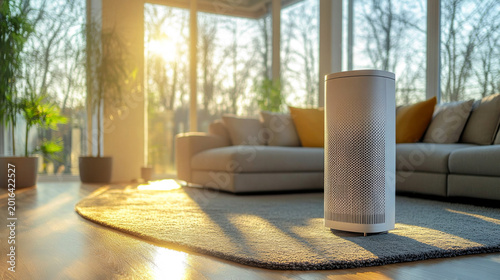 Modern air purifier in a sunlit living room for healthy indoor air quality and domestic wellness concepts