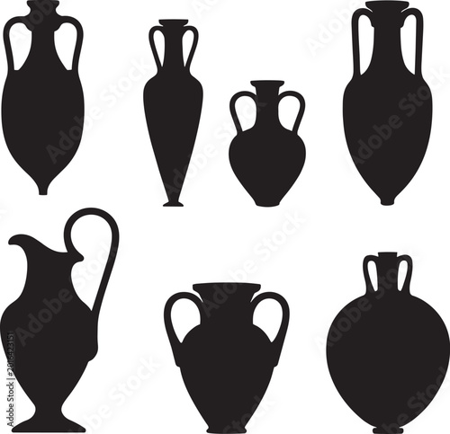 Ancient Greek amphora silhouettes collection black pottery and antique vase shapes