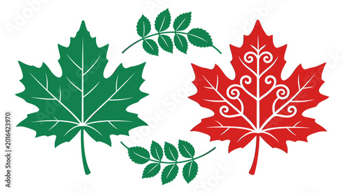 Tableau sur toile Two stylized maple leaves, one green and one red, are connected by a circular arrangement of small green leaves, symbolizing nature and unity
