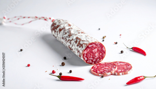 Corallina salami from central Italy, white background. AI