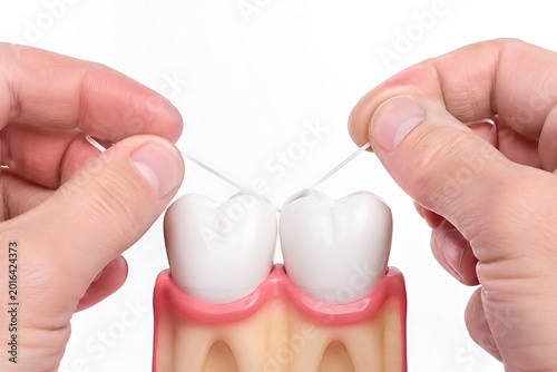 Dental Flossing Demonstration on Human Tooth Model for Oral Hygiene and Healthcare Concepts