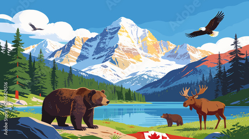 Tableau sur toile Majestic Canadian Rocky Mountain landscape featuring a grizzly bear, moose, and cubs by a serene lake with snow-capped peaks and soaring eagles