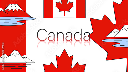 Cuadro en lienzo A vibrant illustration of the Canadian flag with iconic maple leaves and scenic mountain landscapes, celebrating Canada's natural beauty and national identity