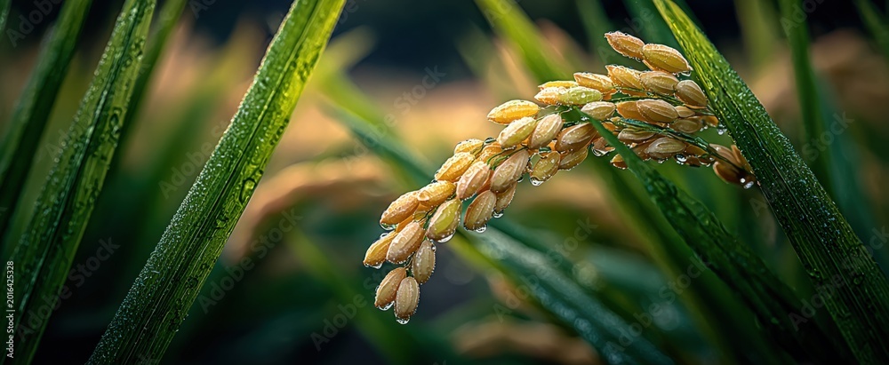 Obraz premium Close-up of ripe golden rice grains on stalk with water droplets, illuminated by soft morning light in a paddy field